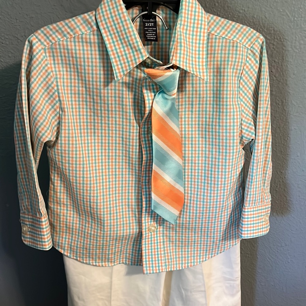 Orange and blue toddler suit with tie